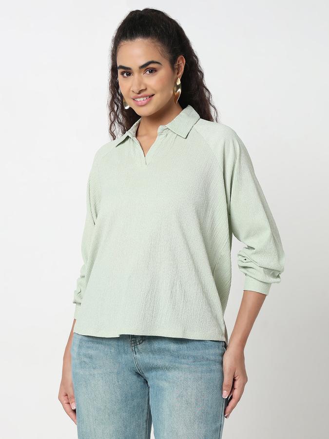 Women Polyester Relaxed Fit Shirt Collar Textured Top