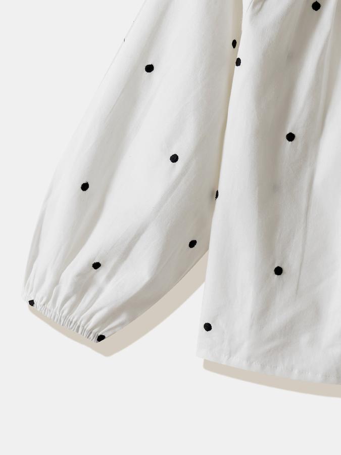 Girls Cotton Relaxed Fit Crew Neck Long Bishop Sleeve Embroidered Top