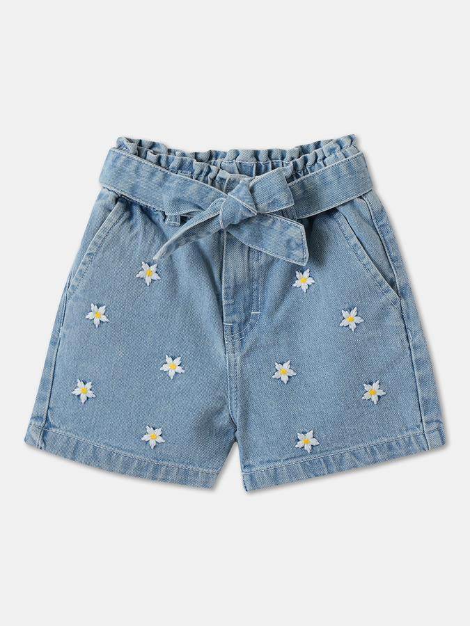 Girls Cotton Regular Fit Paperbag Waist Embroidered Hem Shorts