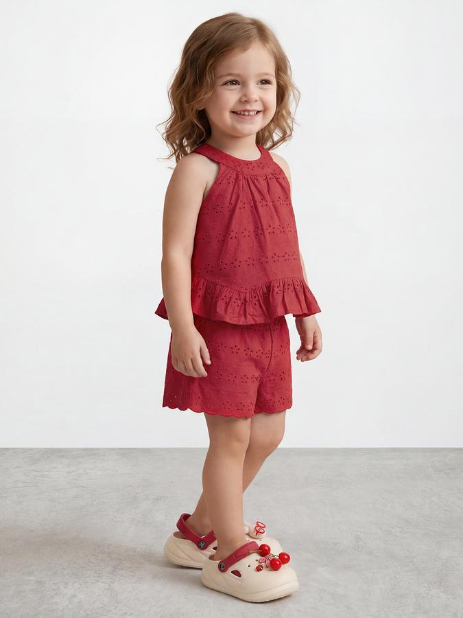 R&B Girl Red Self Design Cotton Blend Sleeveless Clothing Set
