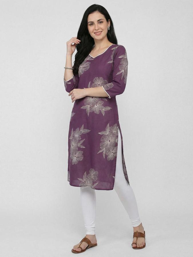 R&B Women Purple Floral Print V-Neck Knee Length Pure Cotton Ethnic Kurta