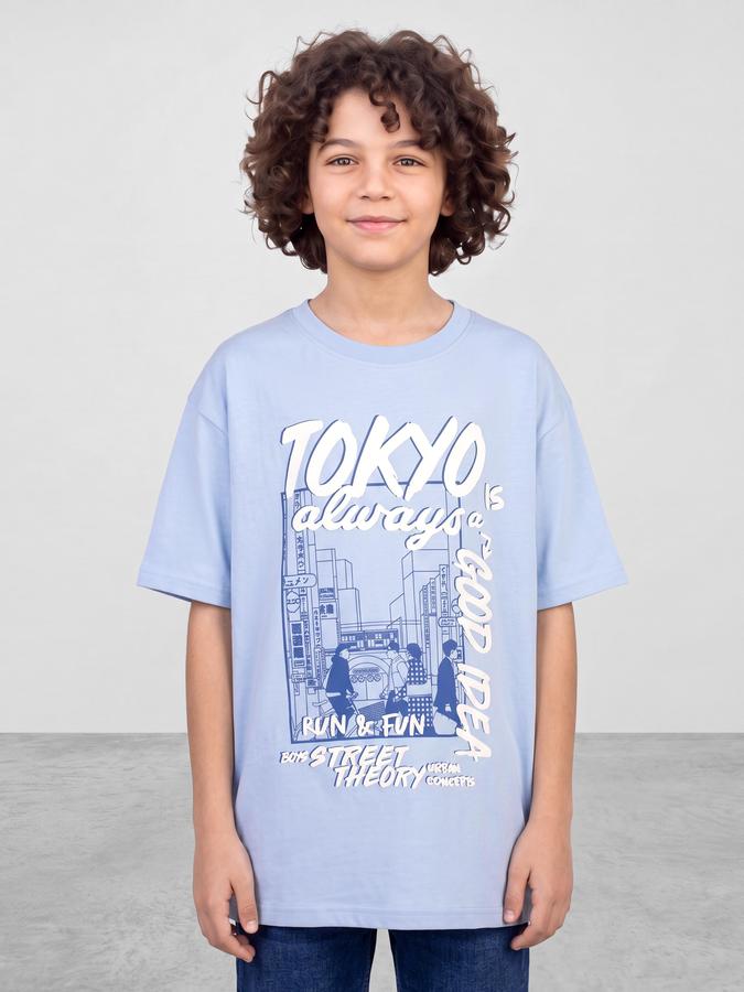R&B Boys Blue Graphic Print Short Sleeves Round Neck Pure Cotton T-Shirt