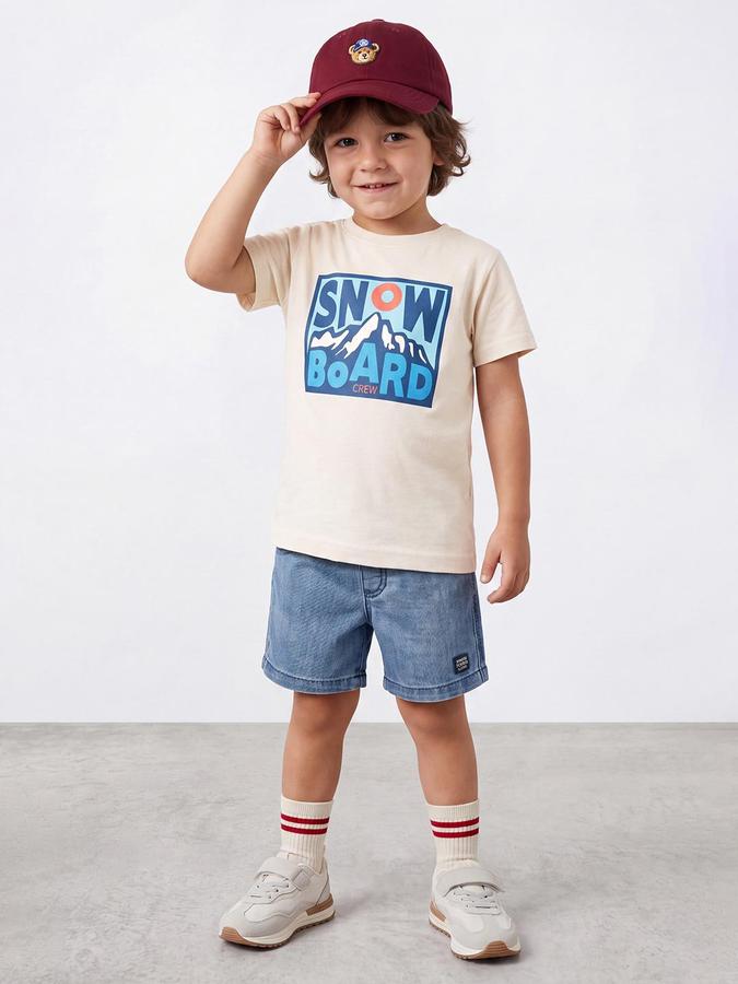 R&B Boys Ivory Short Sleeve Round Neck Snow Board Crew Graphic Print T-Shirt