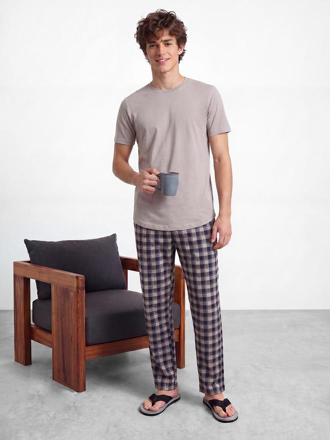 R&B Men Navy Blue Checked Pure Cotton Mid Rise Lounge Pants