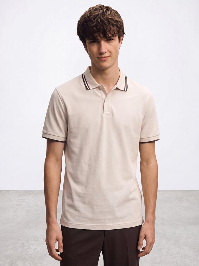 R&B Men Beige Textured Short Sleeves Tipping Polo Collar Tshirt