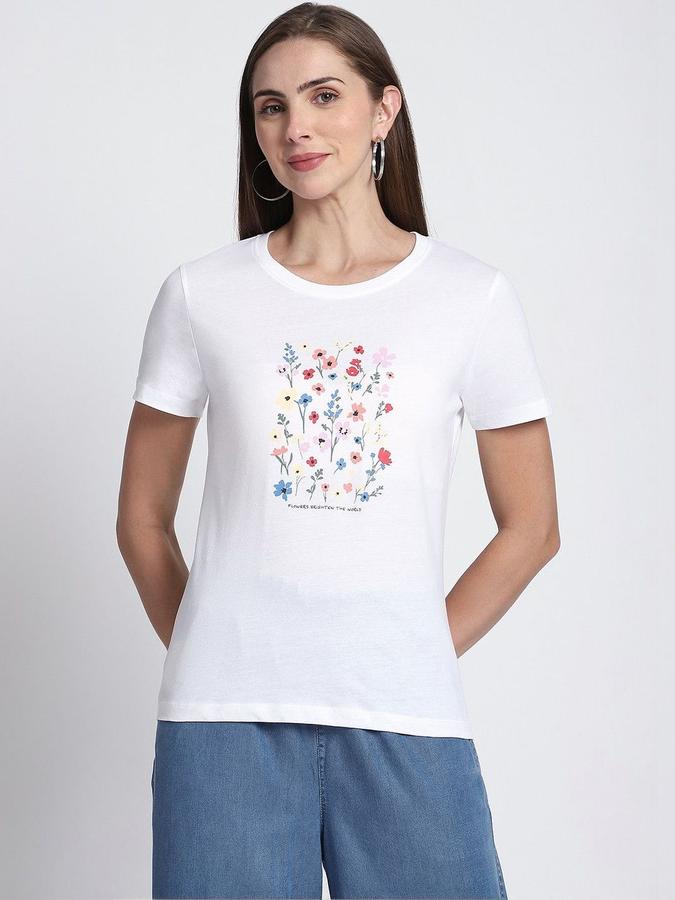 R&B Womens White Floral Print Round Neck Short Sleeves T-shirt