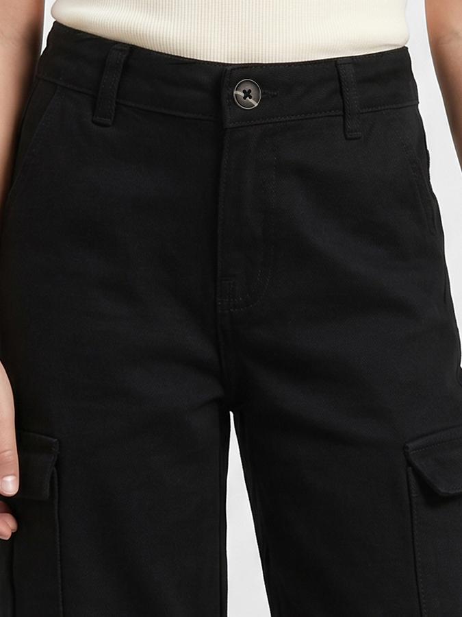 R&B Girls Black Wide Leg Solid Mid-Rise Cotton Trouser
