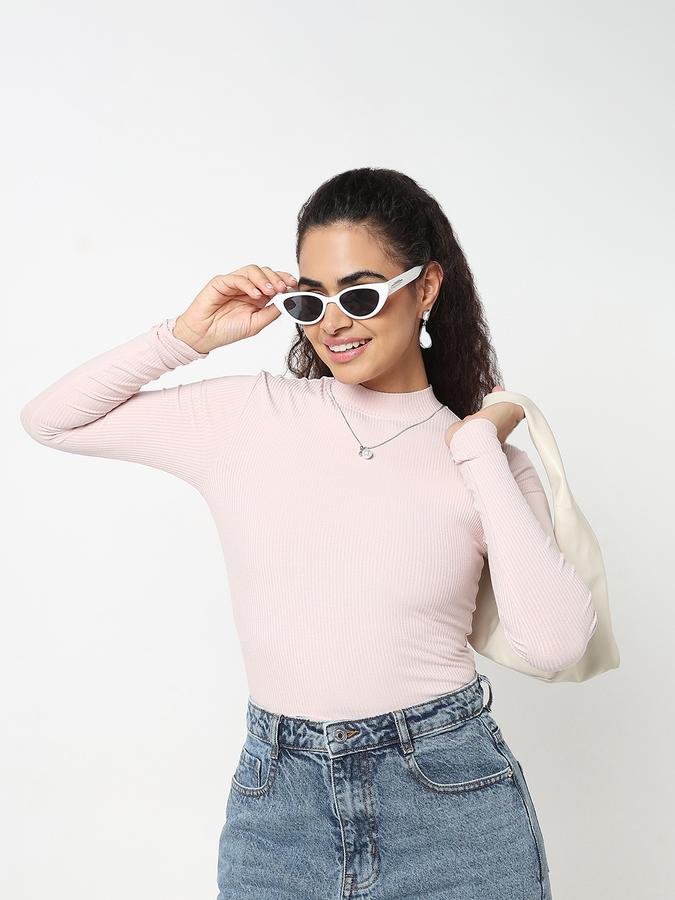 Women Viscose Slim Fit High Neck Ribbed Top