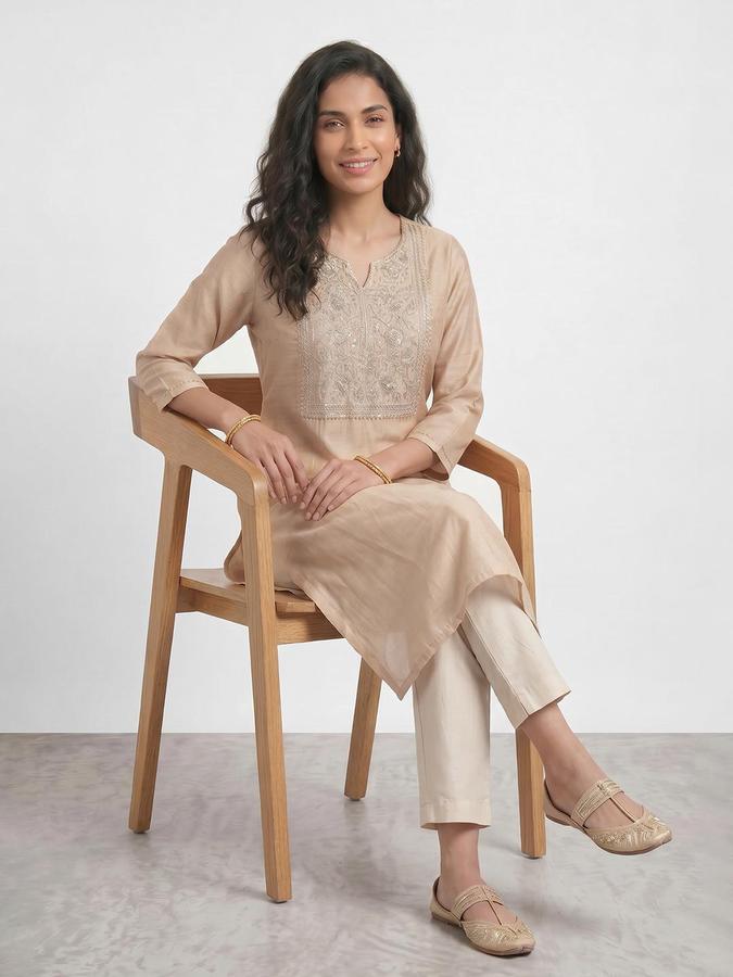 R&B Women Beige Embroidered V-Neck Three-Quarter Sleeves Calf Length Straight Kurta 