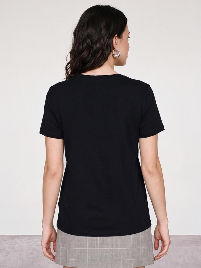 R&B Women Black Graphic Print Pure Cotton Round Neck Short Sleeves T-Shirt