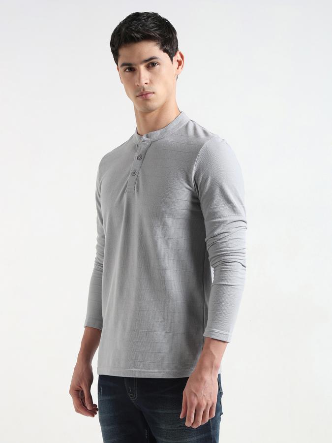 Men Cotton Blend Regular Fit Henley Textured T-shirt