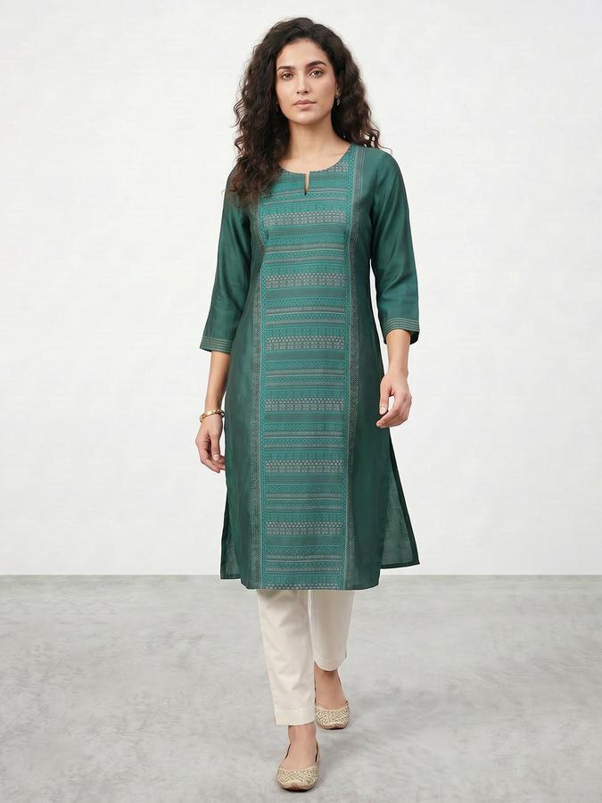 R&B Women Sea Green Printed Stylised Neck Three-Quarter Sleeves Calf Length Straight Kurta 