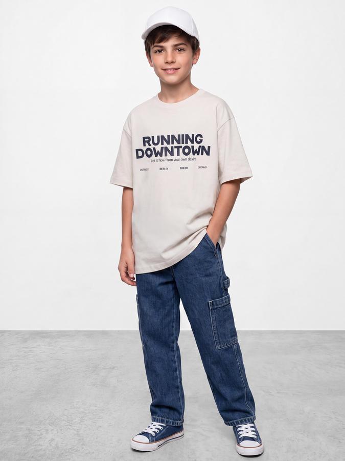 R&B Boys Grey Typography Print Short Sleeves Round Neck Pure Cotton T-Shirt