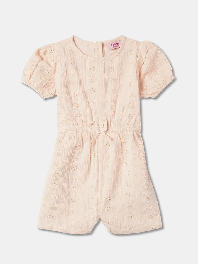 Girls Cotton Embroidered Puff Sleeve Button Back Dungaree