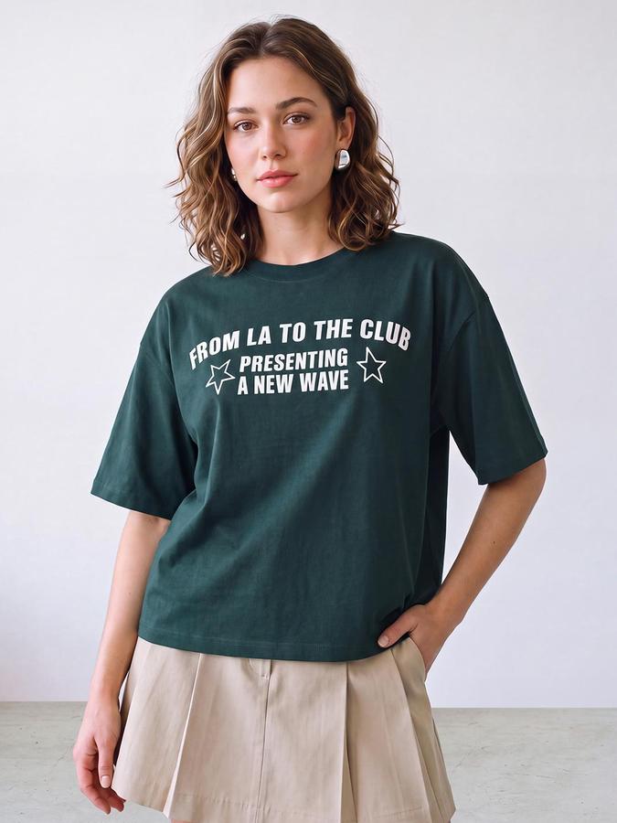 R&B Women Dark Green Typography Pure Cotton Round Neck Short Sleeves T-Shirt