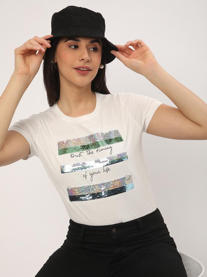 Women Typographic Print Regular Fit Round-Neck T-Shirt image number 0
