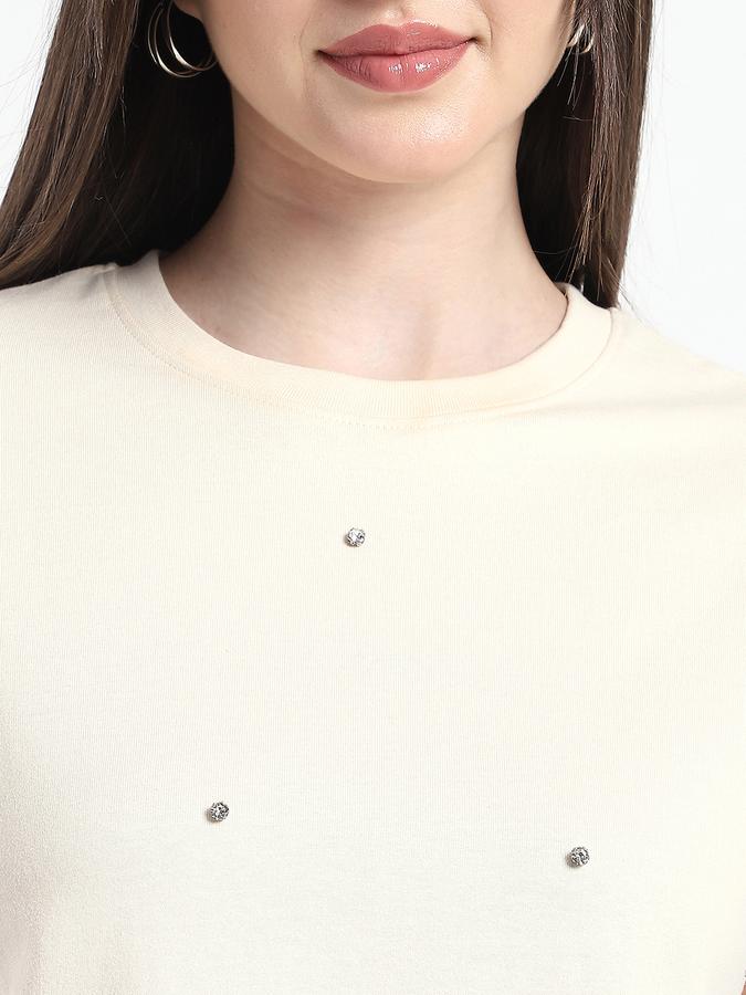 Women Cotton Regular Fit Crew Neck Embroidered T-shirt