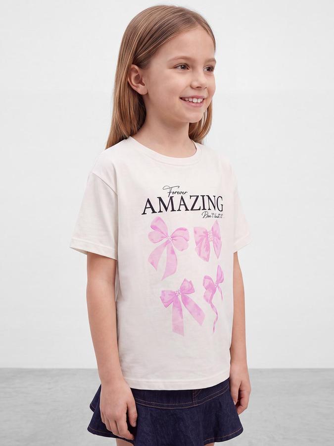 R&B Girls White Bow Print Short Sleeves Round Neck Pure Cotton T-Shirt