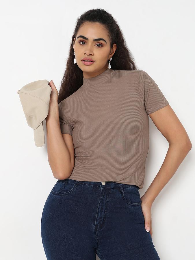 Women Viscose Slim Fit High Neck Ribbed Top