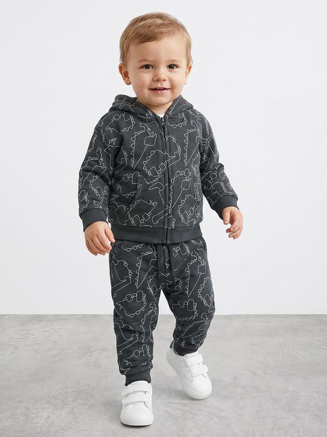 R&B Boys Long Sleeve Hooded Dinosaur Print Charcoal Hoodie and Jogger Set