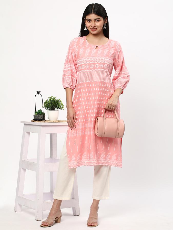Women Rayon Regular Fit Keyhole Neck Printed Kurta