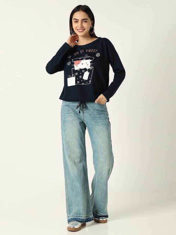 R&B Women Navy Blue Character Graphic Long-Sleeve Top