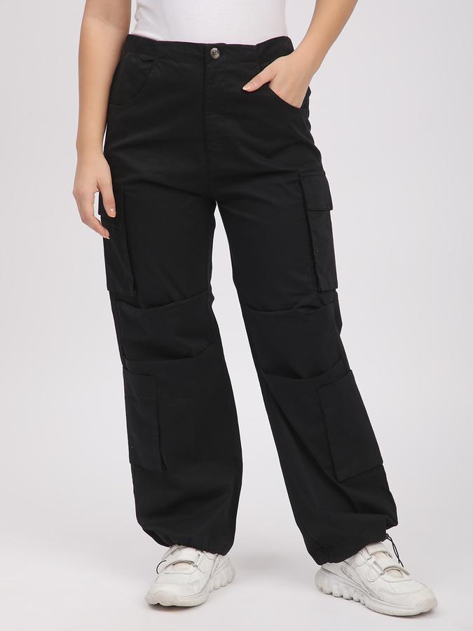 Women Cotton Wide Leg High Rise Solid Trousers