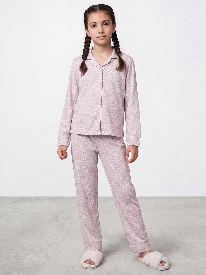 R&B Girls Beige Pure Cotton Floral Print Shirt and Pant Night Suit