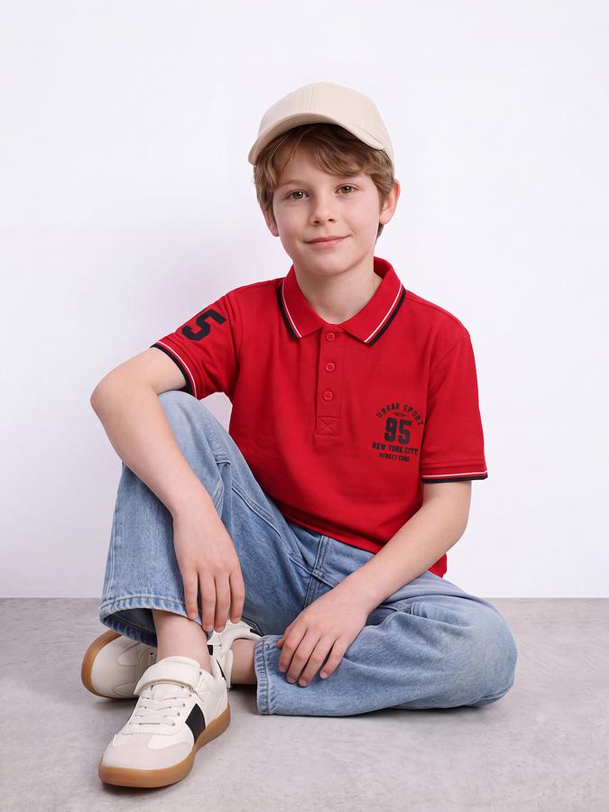 R&B Boys Red Collegiate Badge Printed Polo Collar Short Sleeves Pure Cotton T-shirt