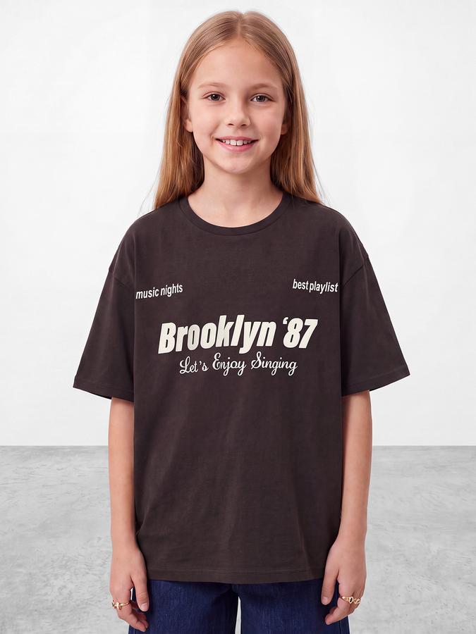 R&B Girls Brown Typography Printed  Short Sleeves Pure Cotton T-shirt