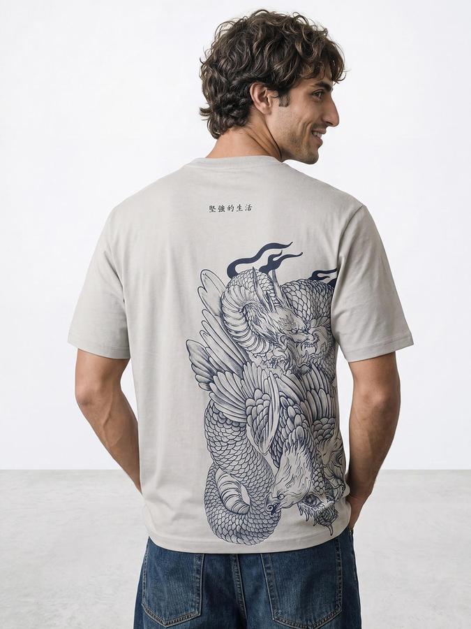 R&B Men Grey Short Sleeve Round Neck Japanese Dragon Graphic Print T-Shirt