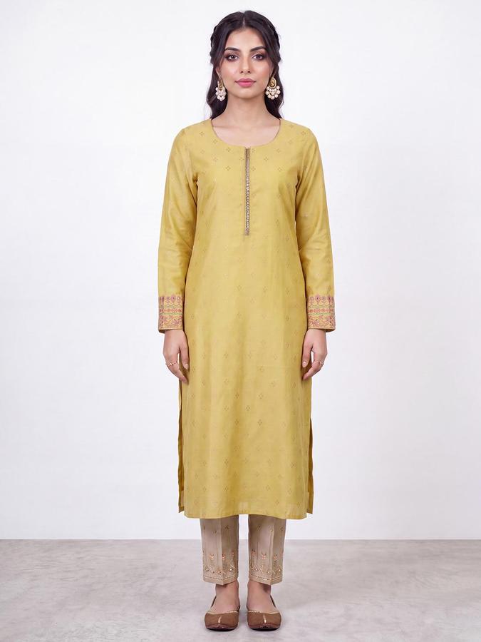 R&B Women Gold Ethnic Motifs Print  Round Neck Long Sleeves Straight Kurta