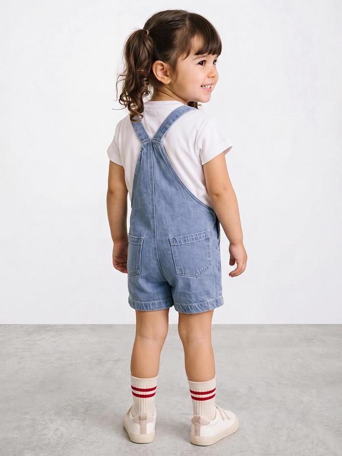 R&B Girls Blue Floral Embroidered Short Dungarees