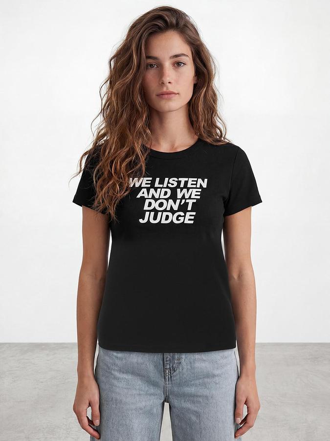 R&B Women Black Short Sleeves Round Neck Slim Fit Typography Print T-Shirt