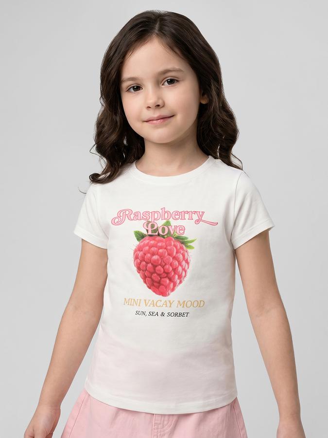 R&B White Graphic Print Girls Round Neck Regular Fit Short Sleeves T-Shirt 