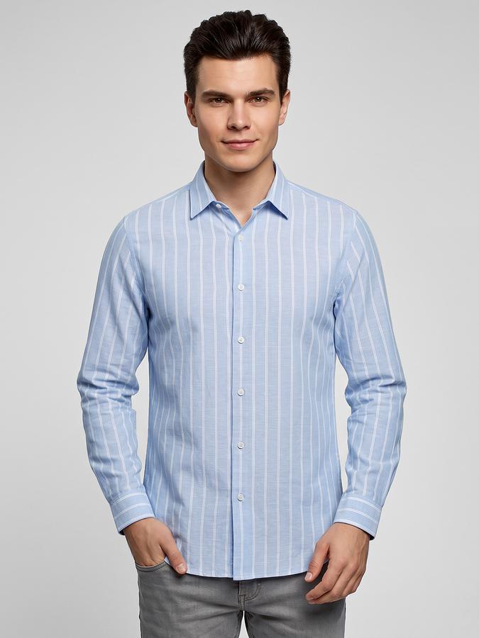 R&B Blue Striped Men Spread Collar Long Sleeves Shirt