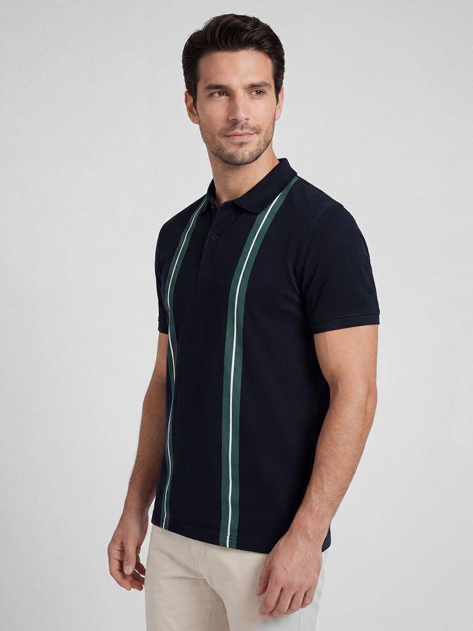 R&B Navy Blue Striped Men Polo Collar Regular Fit Short Sleeves T-Shirt 