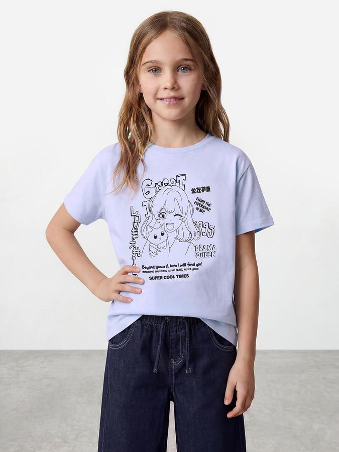 R&B Girls Blue Regular Fit Kawaii Print Short Sleeve T-shirt