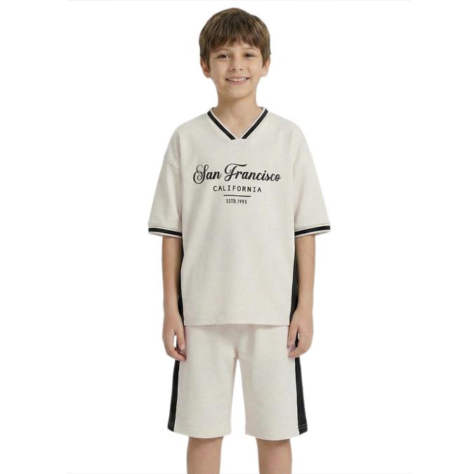 R&B Beige Short Sleeves V-Neck Printed Boys Tshirt &amp; Shorts Set