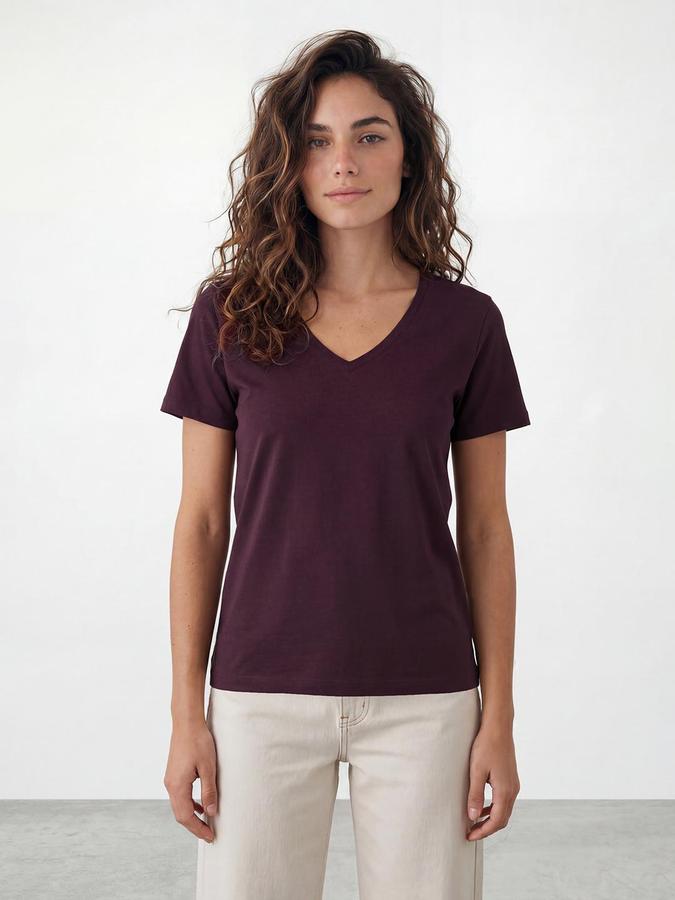 R&B Womens Classic Wine Solid V-Neck Half Sleeve Regular Fit T-Shirt