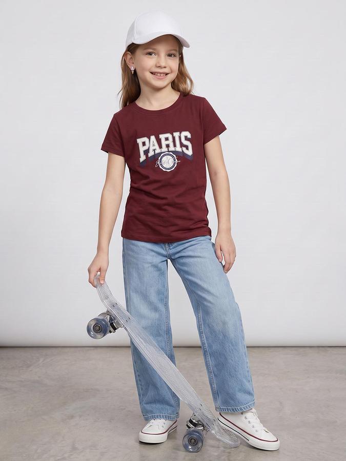R&B Girls Burgundy Typography Print Short Sleeves Round Neck Pure Cotton T-Shirt