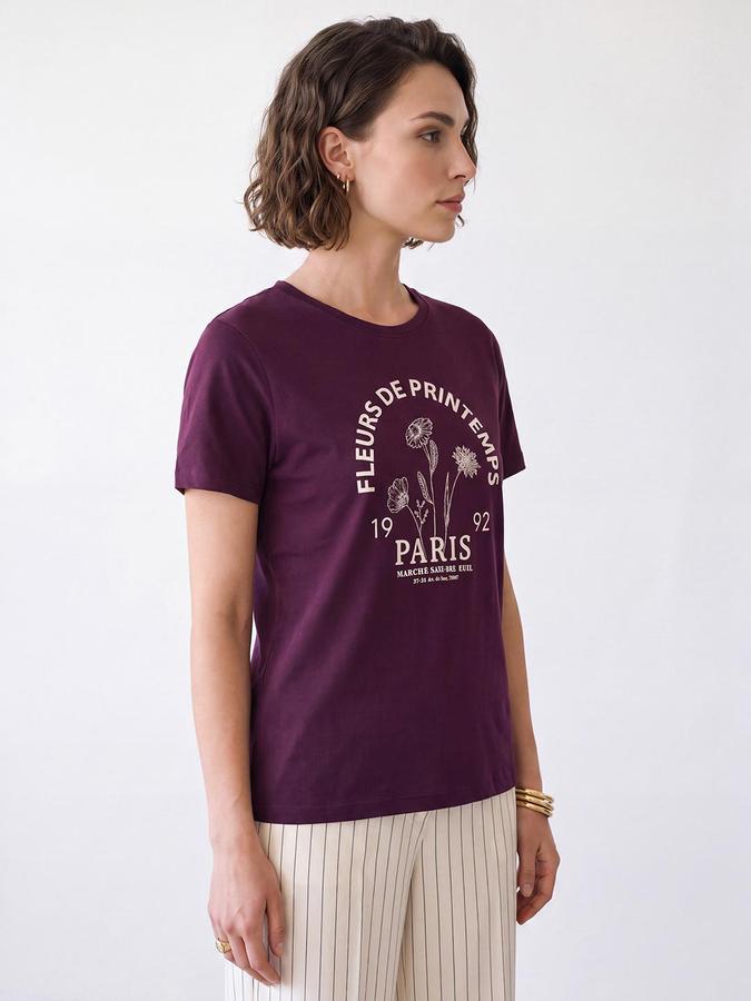 R&B Women Purple Short Sleeve Round Neck Typography Graphic Print T-Shirt