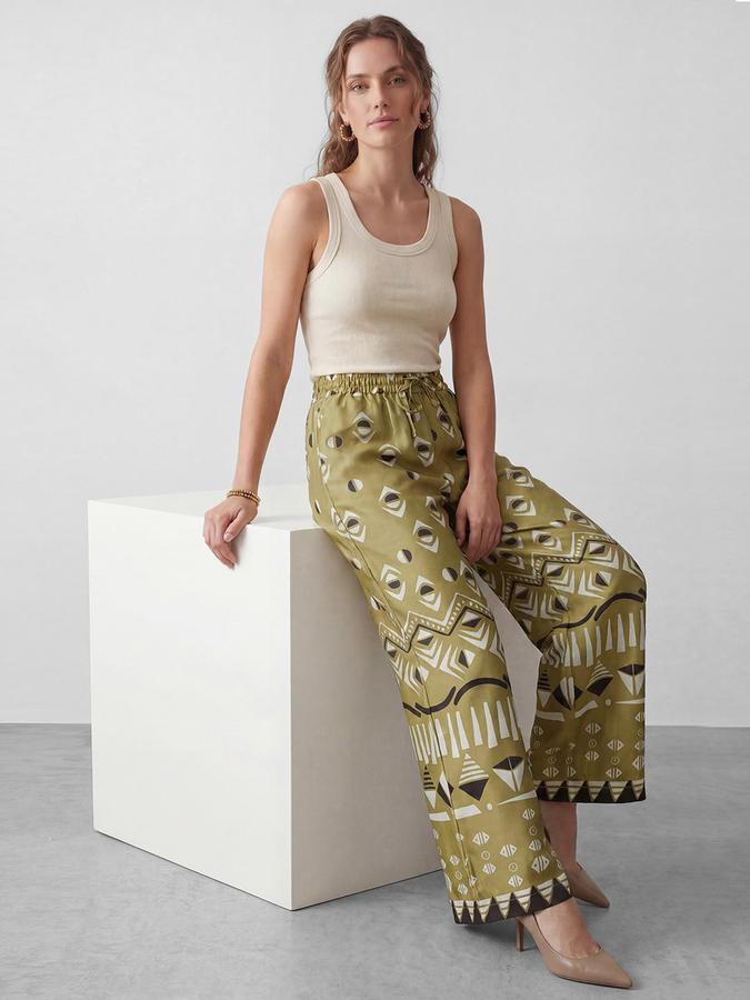 R&B Women's Moss Green Printed Wide Leg Trousers
