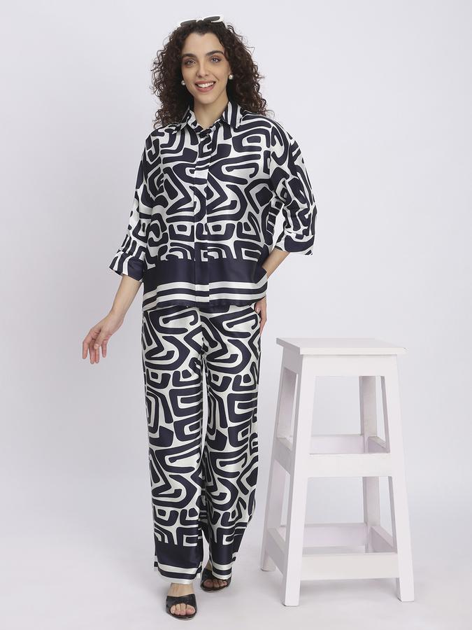 R&B Women Navy Blue Abstract Print Wide-Leg Trousers