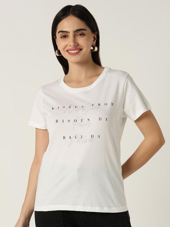 R&B Womens White Typography Printed  Round Neck Short Sleeves T-shirt