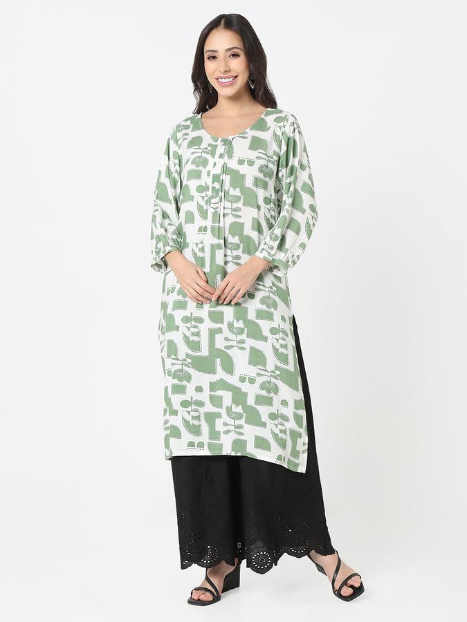 Women's regular fit casual green abstract geometric printed round neck straight kurta  image number 1