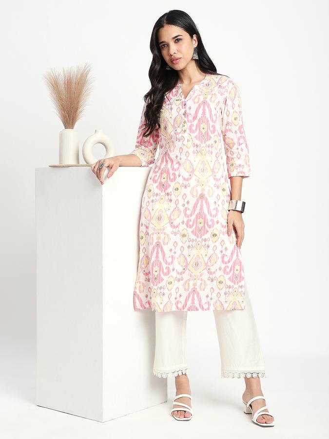 Women Cotton Regular Fit Mandarin Collar Printed Kurta