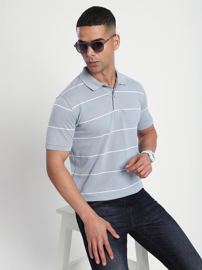 Men Cotton Blend Regular Fit Polo Neck Striped T-shirt