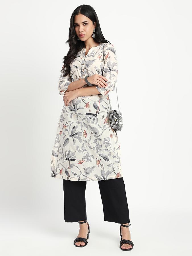 Women Cotton Regular Fit Mandarin Collar Printed Kurta