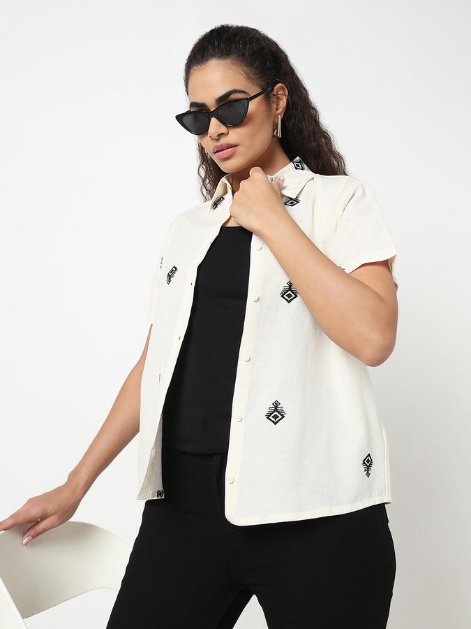 Women Viscose Blend Relaxed Fit Shirt Collar Embroidered Top